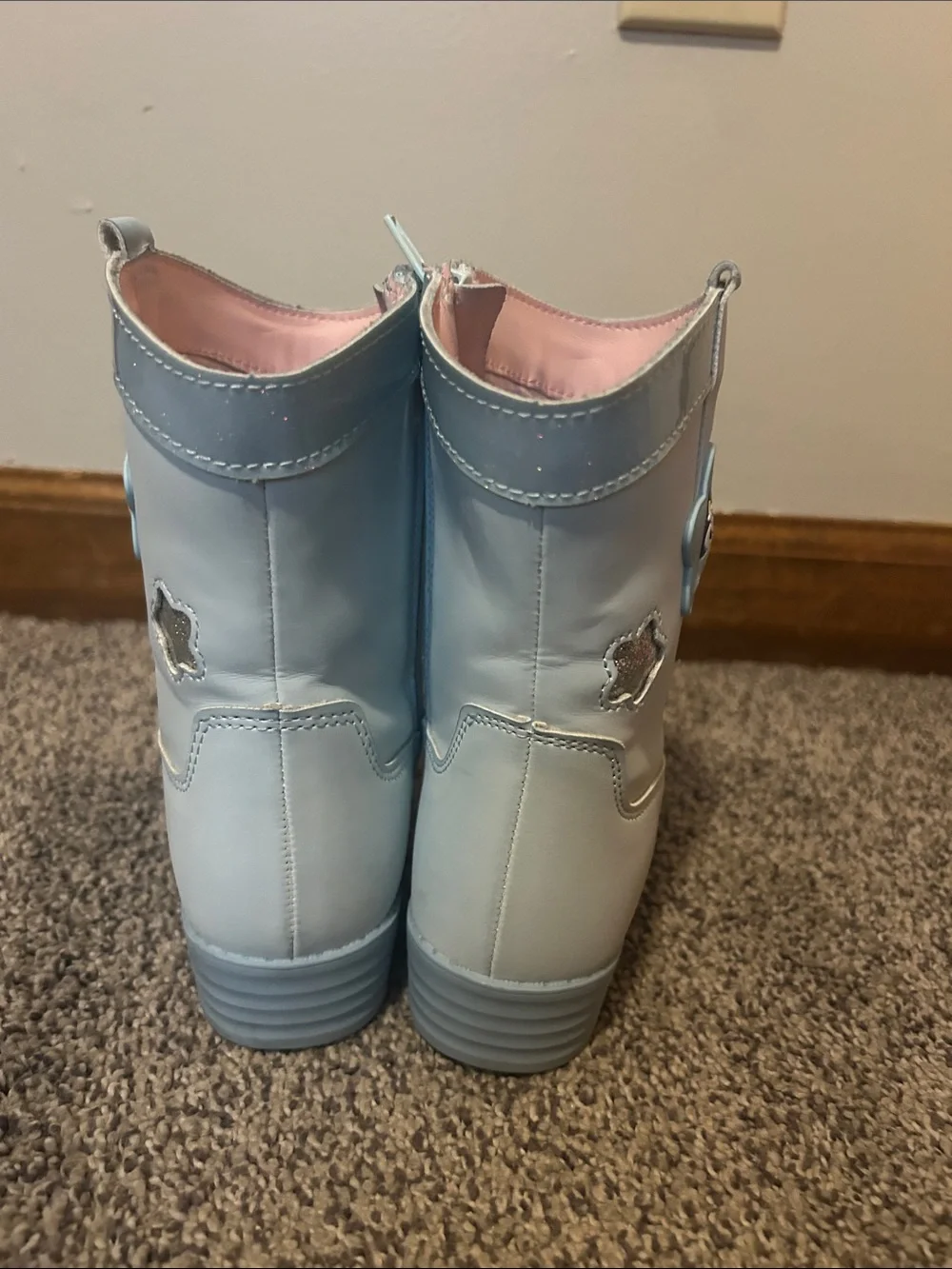Girls Light Blue Glitter Star Boots with Character Accent